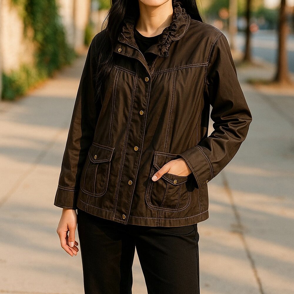 Cache Brown Utility Jacket with Ruffle Collar